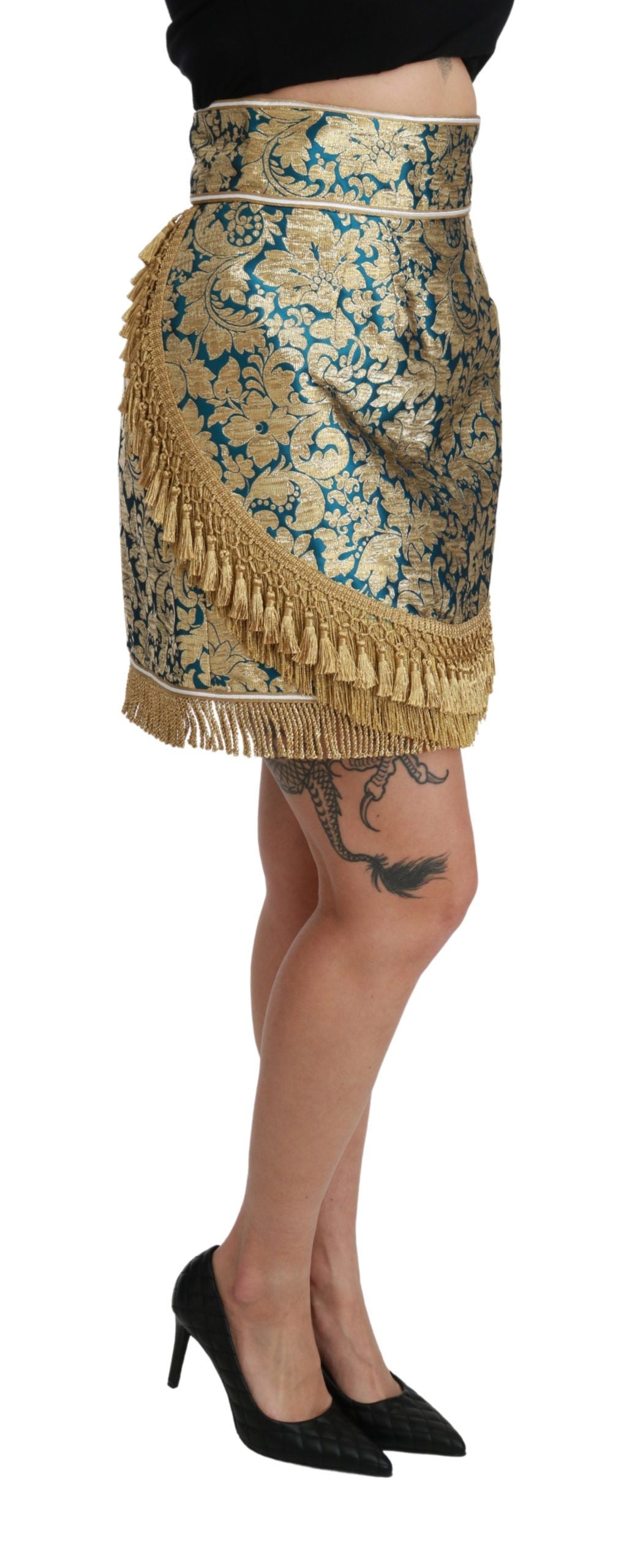 Dolce & Gabbana Blue High Waist Jacquard Tassel Gold Skirt Dolce & Gabbana