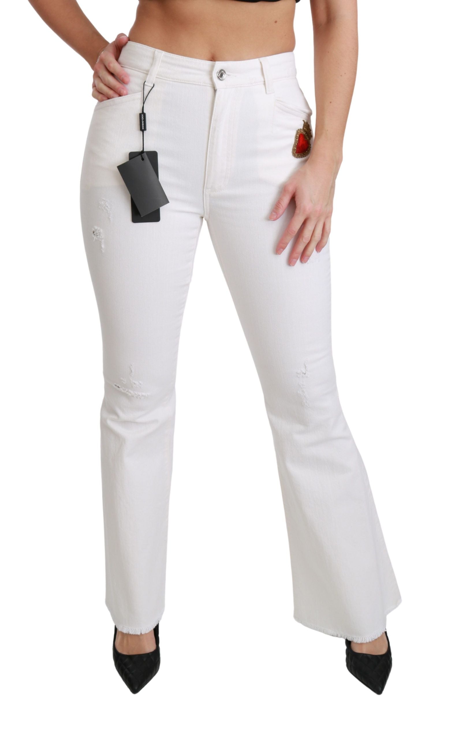 Dolce & Gabbana White Heart Flared Stretch Cotton Pants Dolce & Gabbana