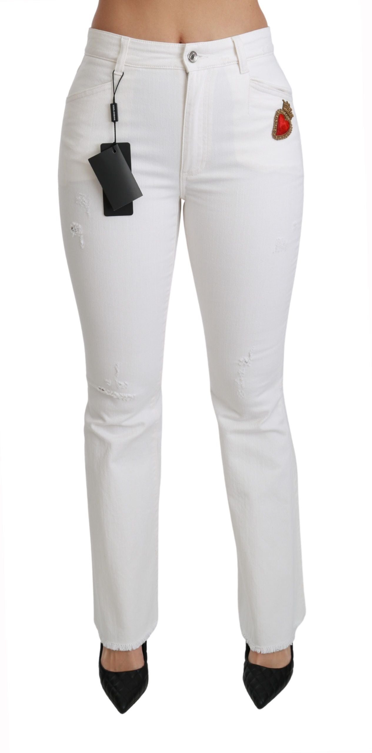 Dolce & Gabbana White Heart Flared Stretch Cotton Pants Dolce & Gabbana