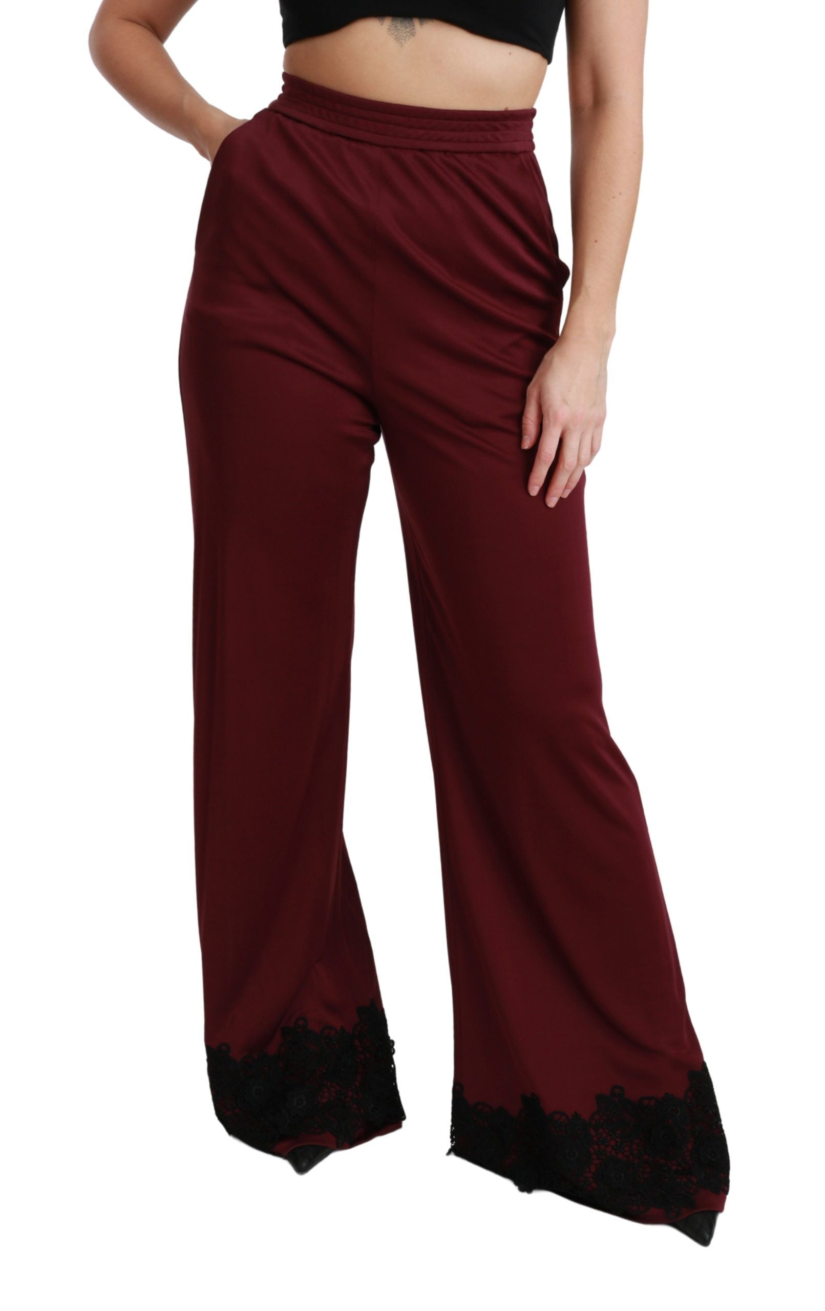 Dolce & Gabbana Black Lace High Waist Wide Leg Maroon Pants Dolce & Gabbana