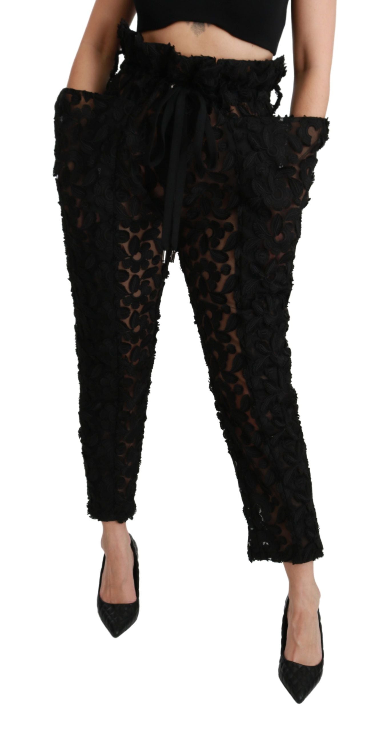 Dolce & Gabbana Black Floral Lace Tapered High Waist Pants Dolce & Gabbana