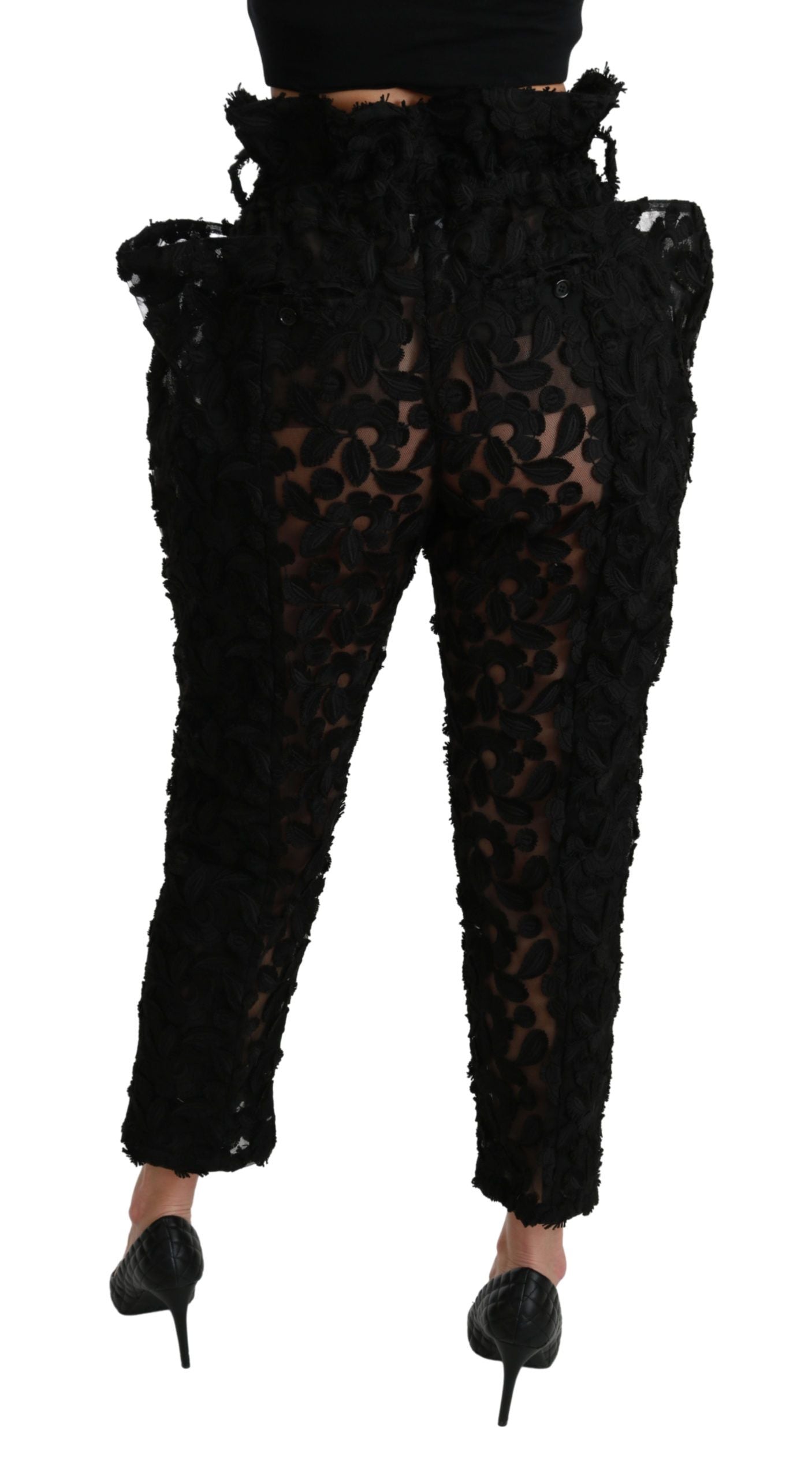 Dolce & Gabbana Black Floral Lace Tapered High Waist Pants Dolce & Gabbana