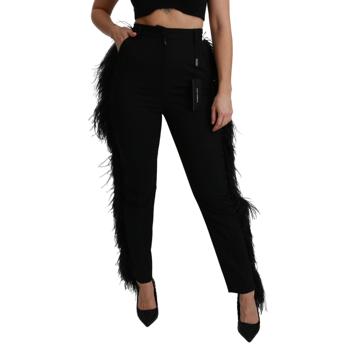 Dolce & Gabbana black feathered high waist wool pants with straight-leg fit and tailored design.