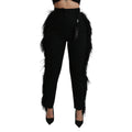Dolce & Gabbana black feathered high-waist wool pants with straight-leg fit, stylish and elegant women's trousers.