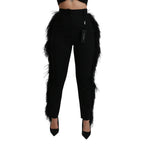 Dolce & Gabbana black feathered high-waist wool pants with straight-leg fit, stylish and elegant women's trousers.