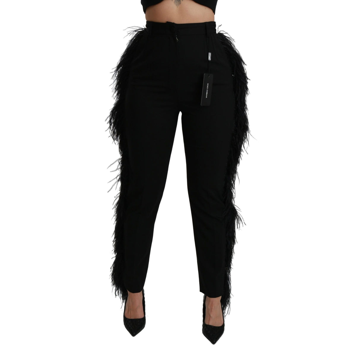 Dolce & Gabbana black feathered high-waist wool pants with straight-leg fit, stylish and elegant women's trousers.