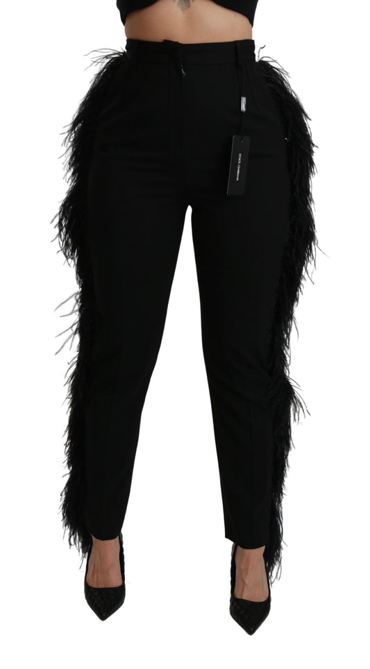 Dolce & Gabbana Black Feather Straight High Waist Wool Pants Dolce & Gabbana