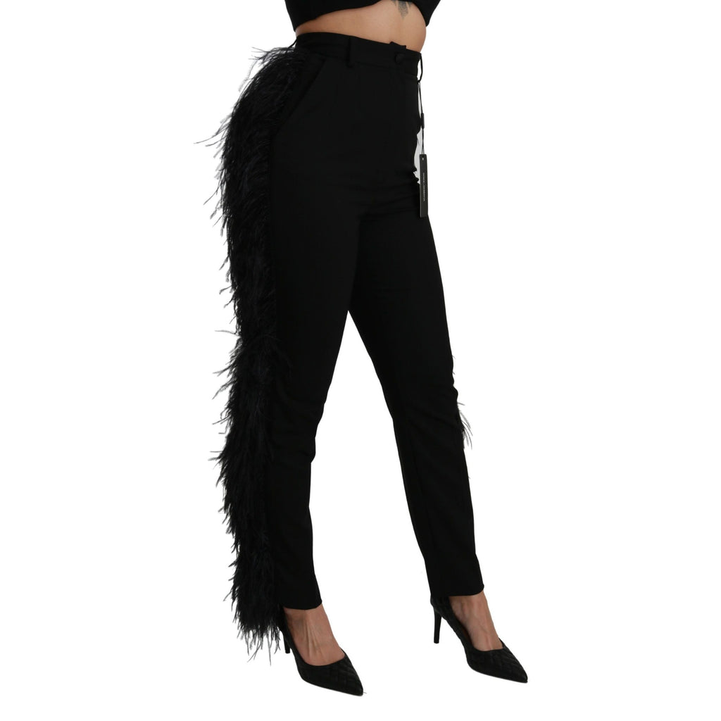 Dolce & Gabbana black feathered high waist wool pants with straight fit and tailored design.