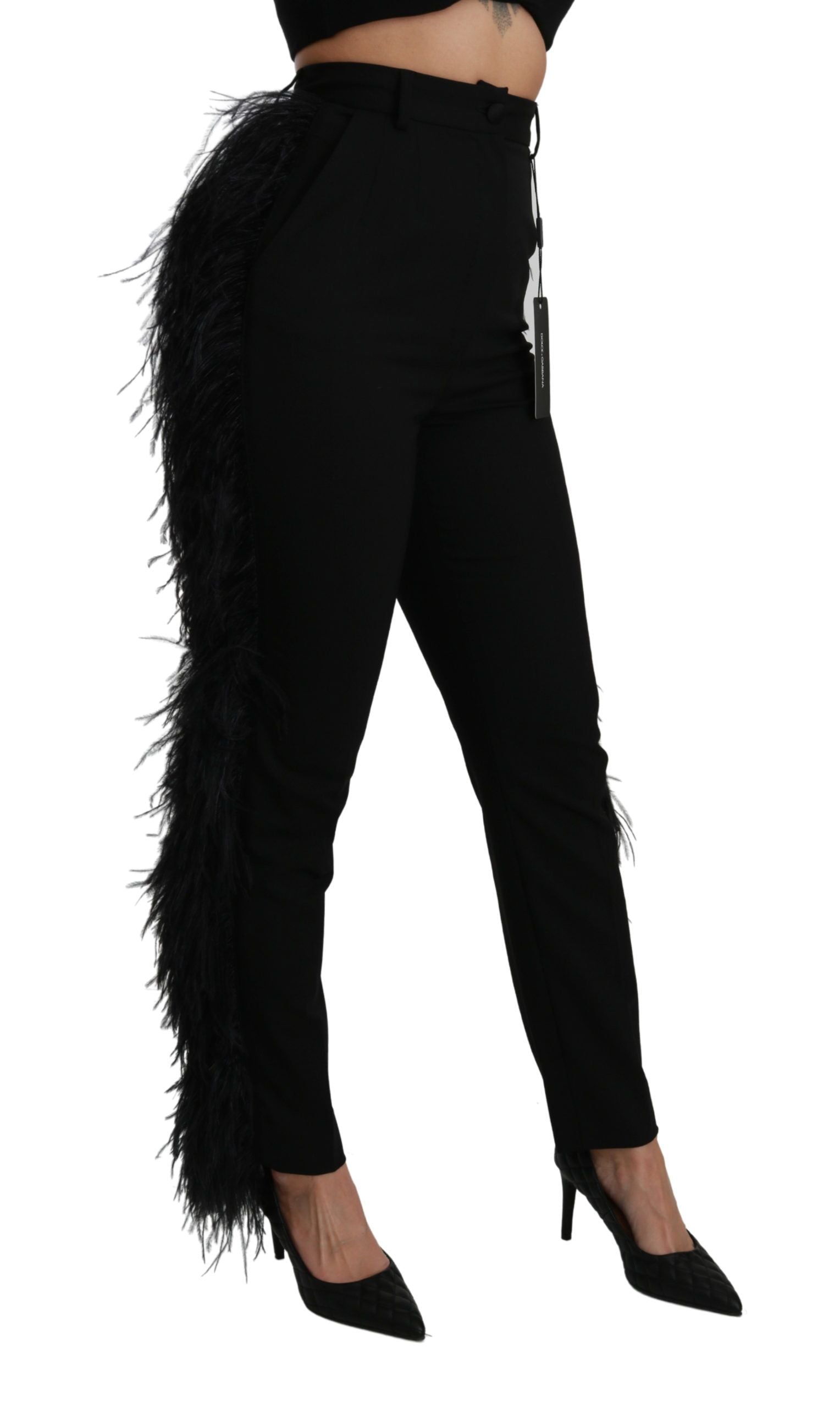 Dolce & Gabbana Black Feather Straight High Waist Wool Pants Dolce & Gabbana