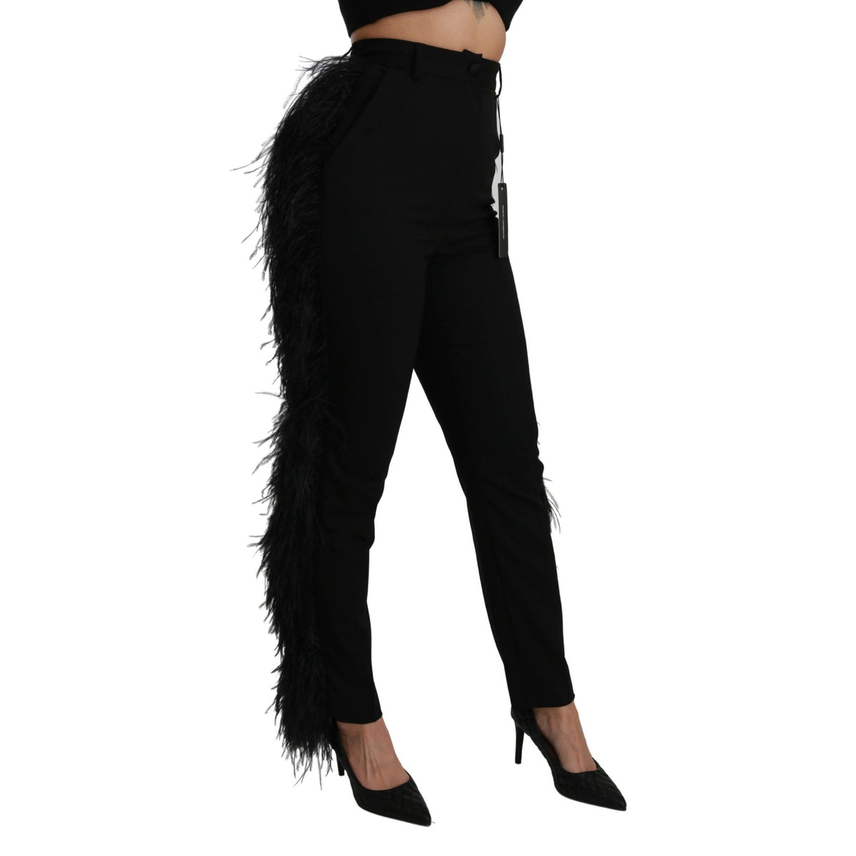 Dolce & Gabbana black feathered high waist wool pants with straight fit and tailored design.