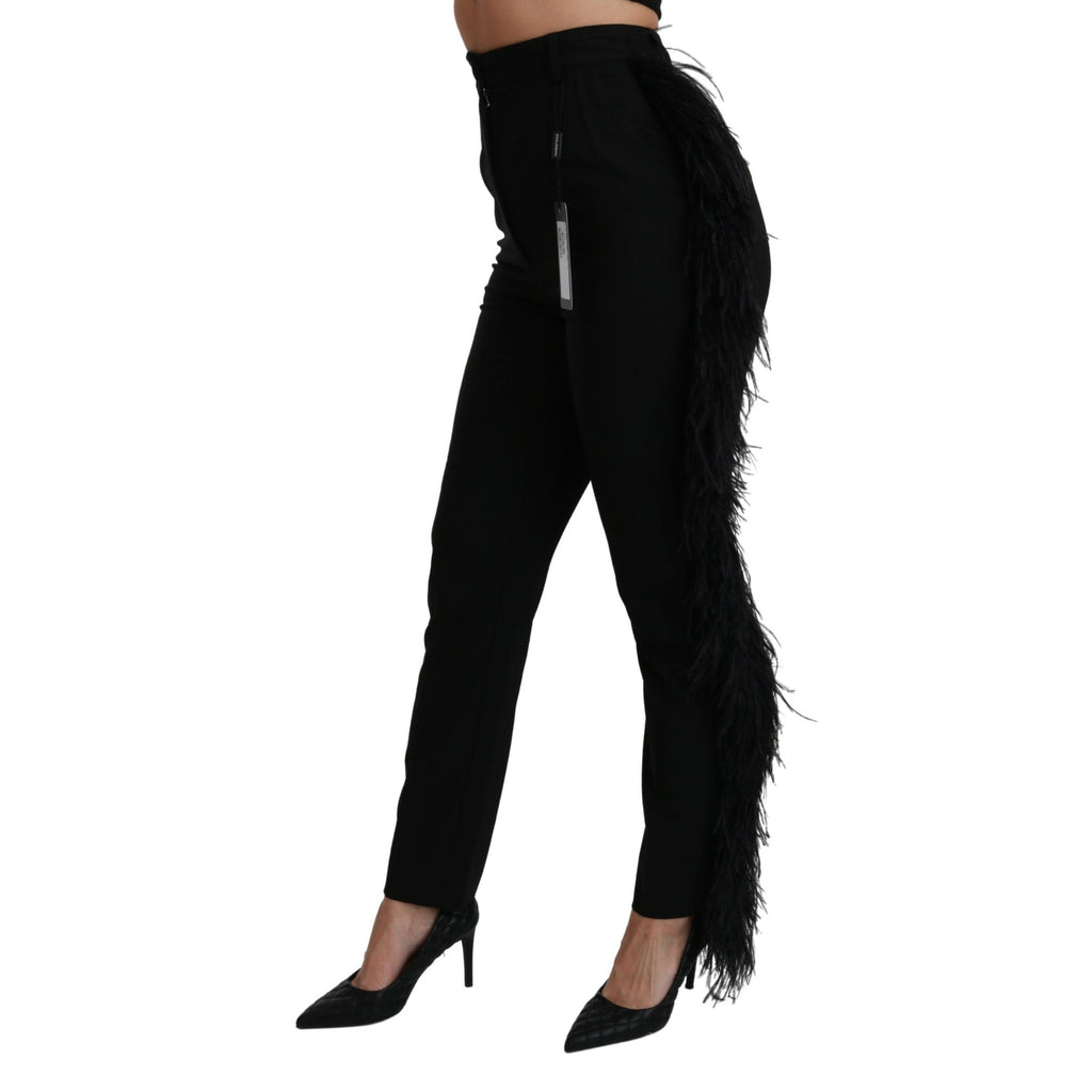 Dolce & Gabbana black feathered high waist wool pants with straight leg fit and elegant design.