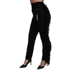 Dolce & Gabbana black feathered high waist wool pants with straight leg fit and elegant design.