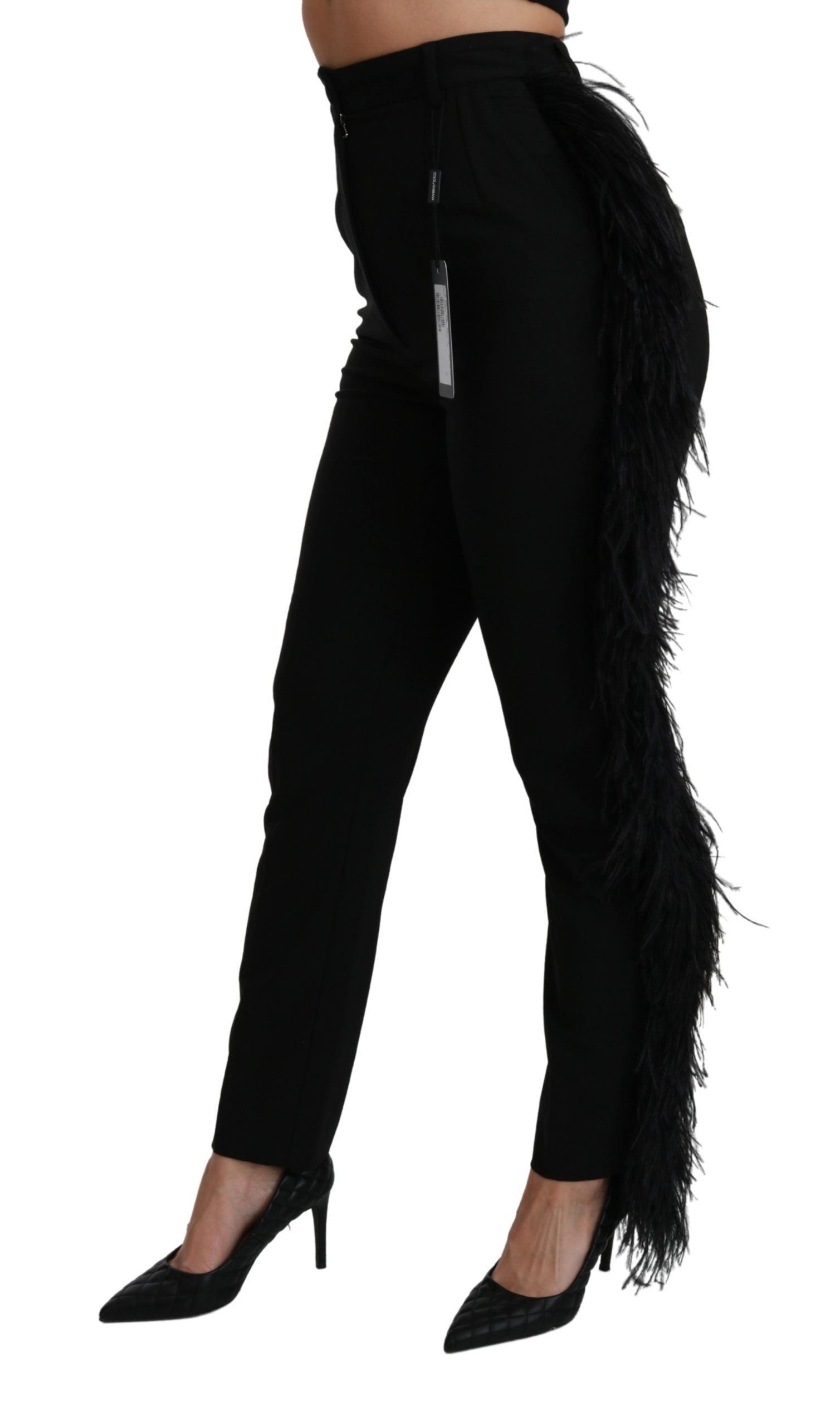 Dolce & Gabbana Black Feather Straight High Waist Wool Pants Dolce & Gabbana