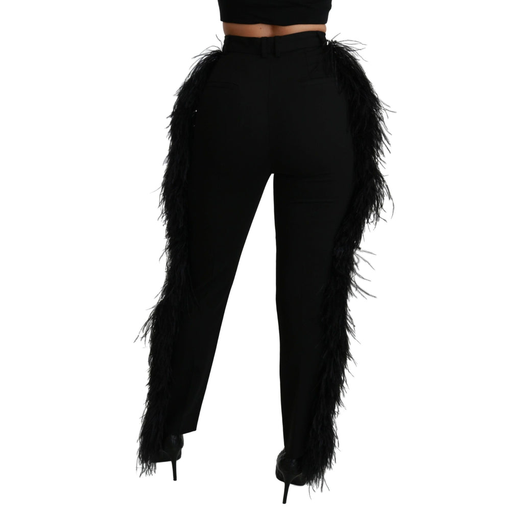 Black feathered high-waist wool pants by Dolce & Gabbana, straight fit and tailored for a sleek, elegant look.