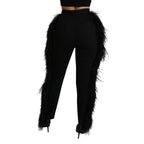 Black feathered high-waist wool pants by Dolce & Gabbana, straight fit and tailored for a sleek, elegant look.
