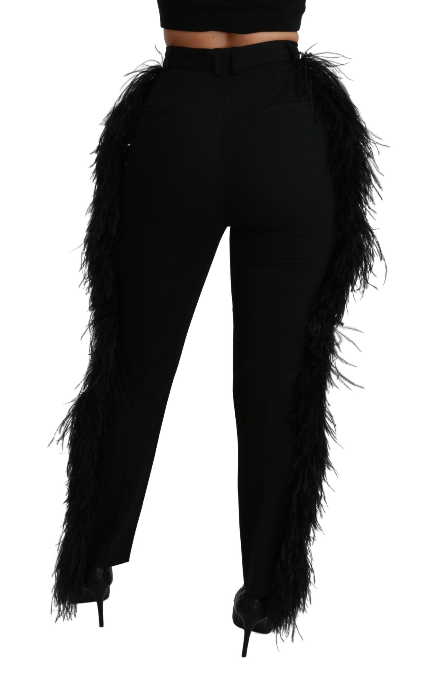 Dolce & Gabbana Black Feather Straight High Waist Wool Pants Dolce & Gabbana