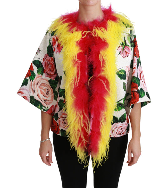 Dolce & Gabbana White Floral Coat Capte Fur Roses Jacket Dolce & Gabbana