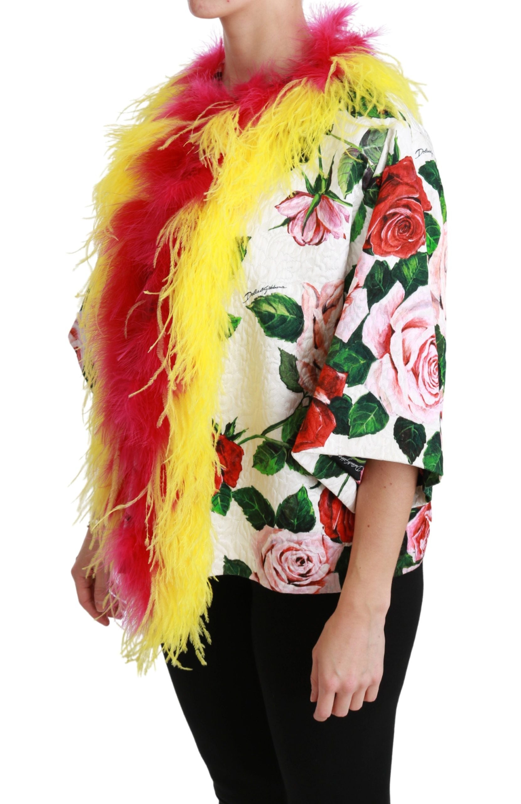 Dolce & Gabbana White Floral Coat Capte Fur Roses Jacket Dolce & Gabbana
