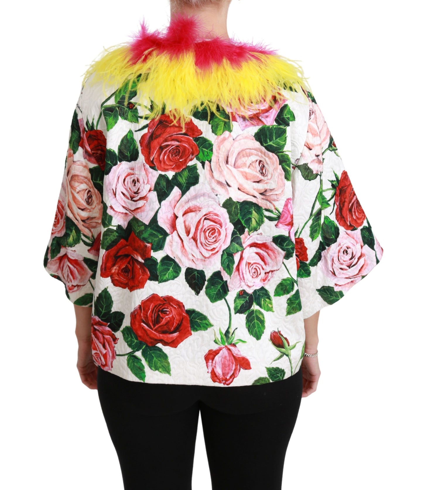 Dolce & Gabbana White Floral Coat Capte Fur Roses Jacket Dolce & Gabbana