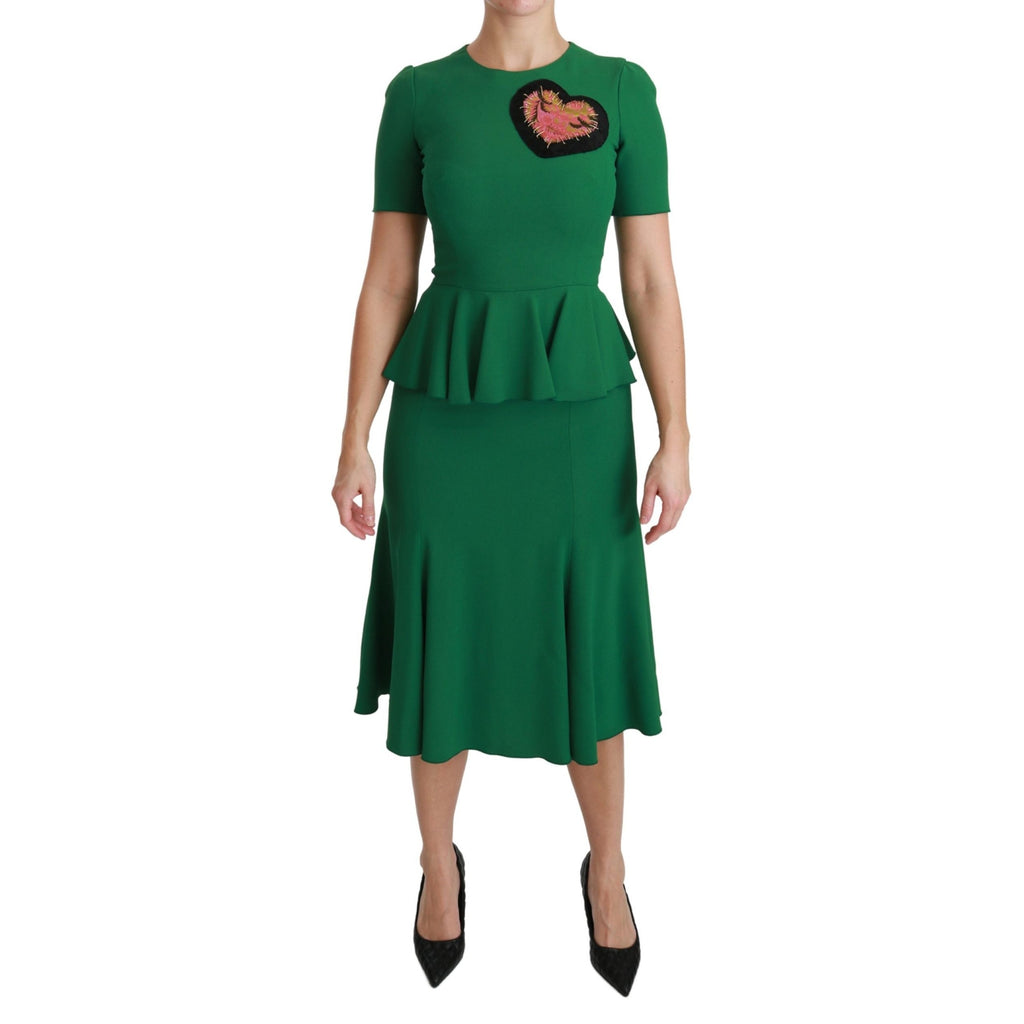 Dolce & Gabbana Green Heart Patch Mermaid Midi Viscose Dress