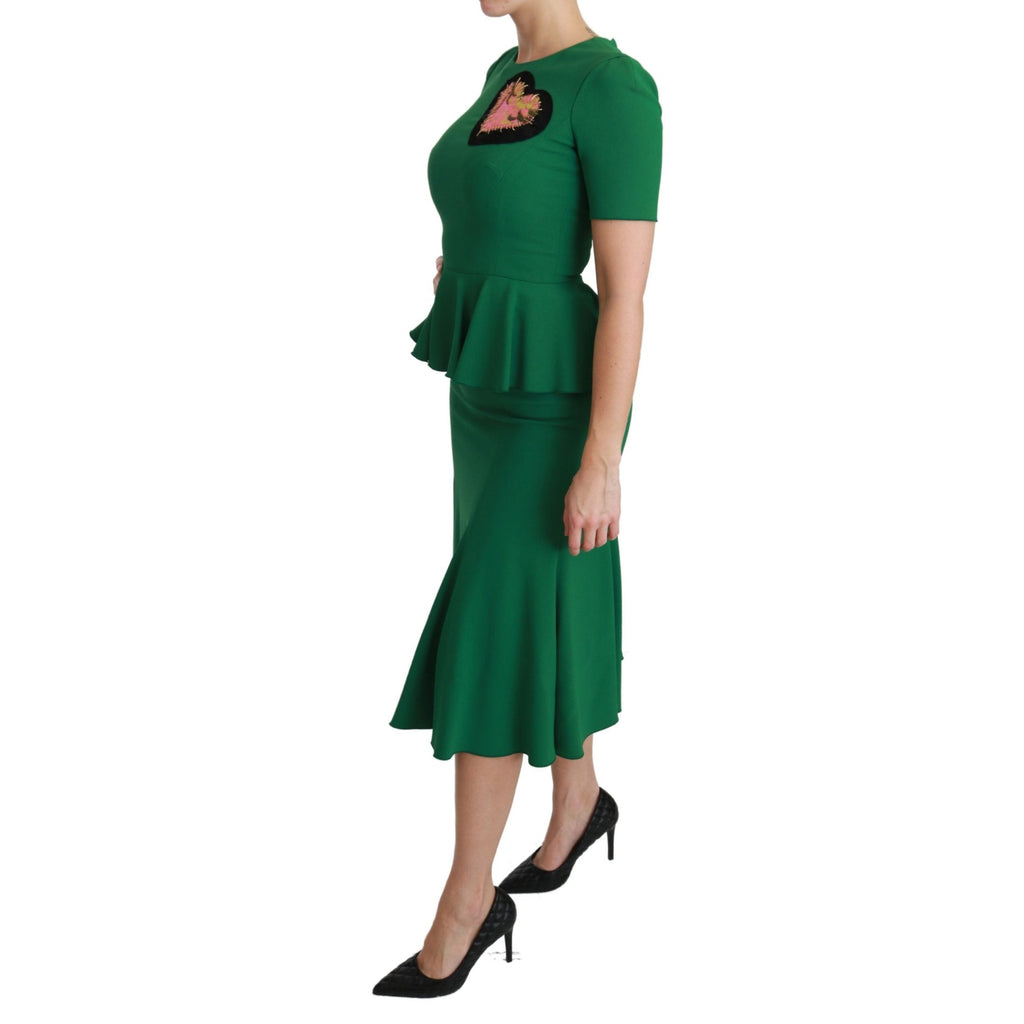 Dolce & Gabbana Green Heart Patch Mermaid Midi Viscose Dress