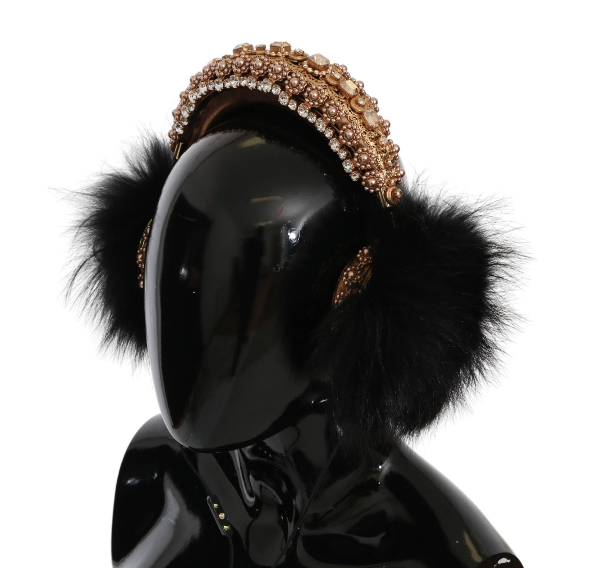Dolce & Gabbana Gold Black Crystal Fur Headset Audio Headphones Dolce & Gabbana