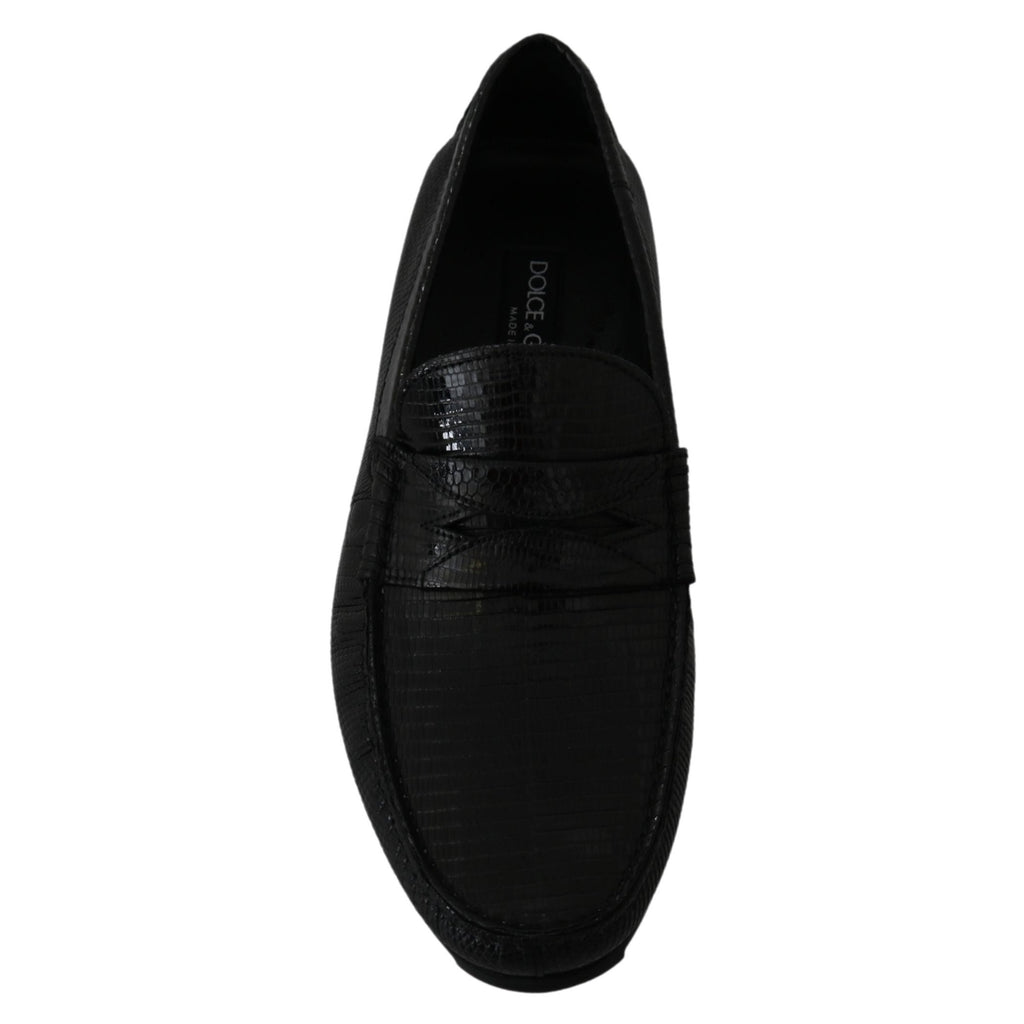 Dolce & Gabbana Black Lizard Leather Flat Loafers Shoes