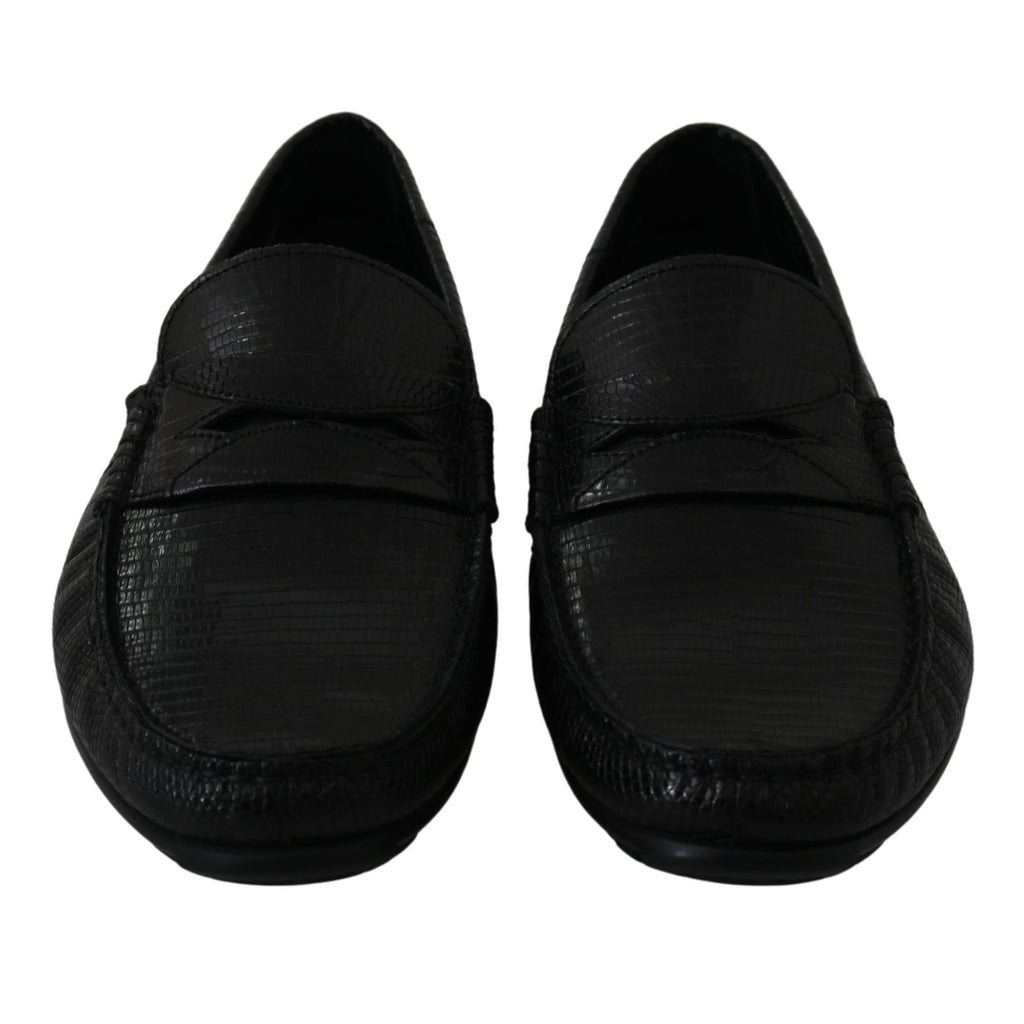 Dolce & Gabbana Black Lizard Leather Flat Loafers Shoes