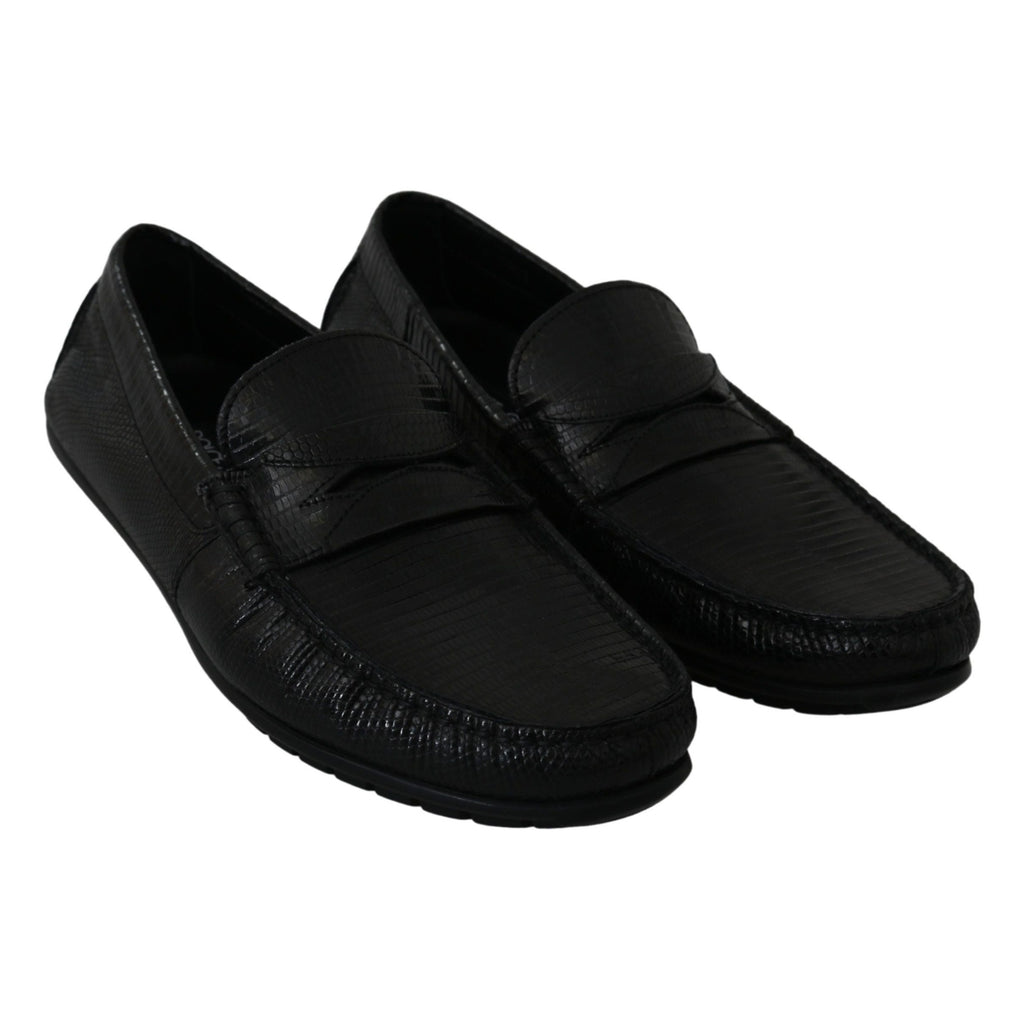 Dolce & Gabbana Black Lizard Leather Flat Loafers Shoes