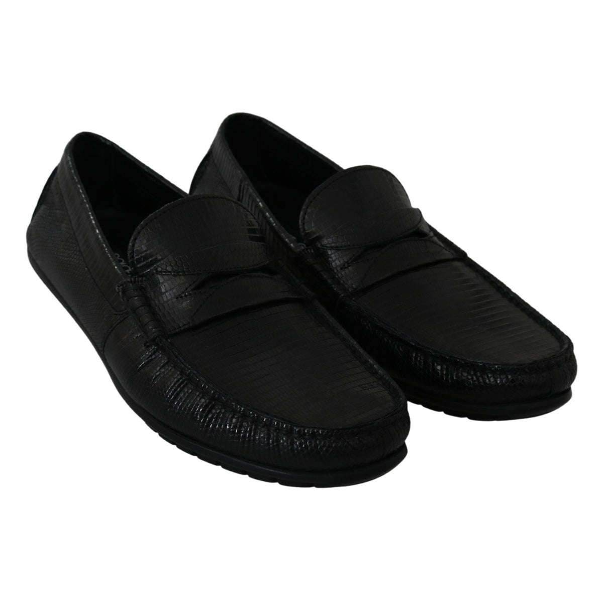 Dolce & Gabbana Black Lizard Leather Flat Loafers Shoes