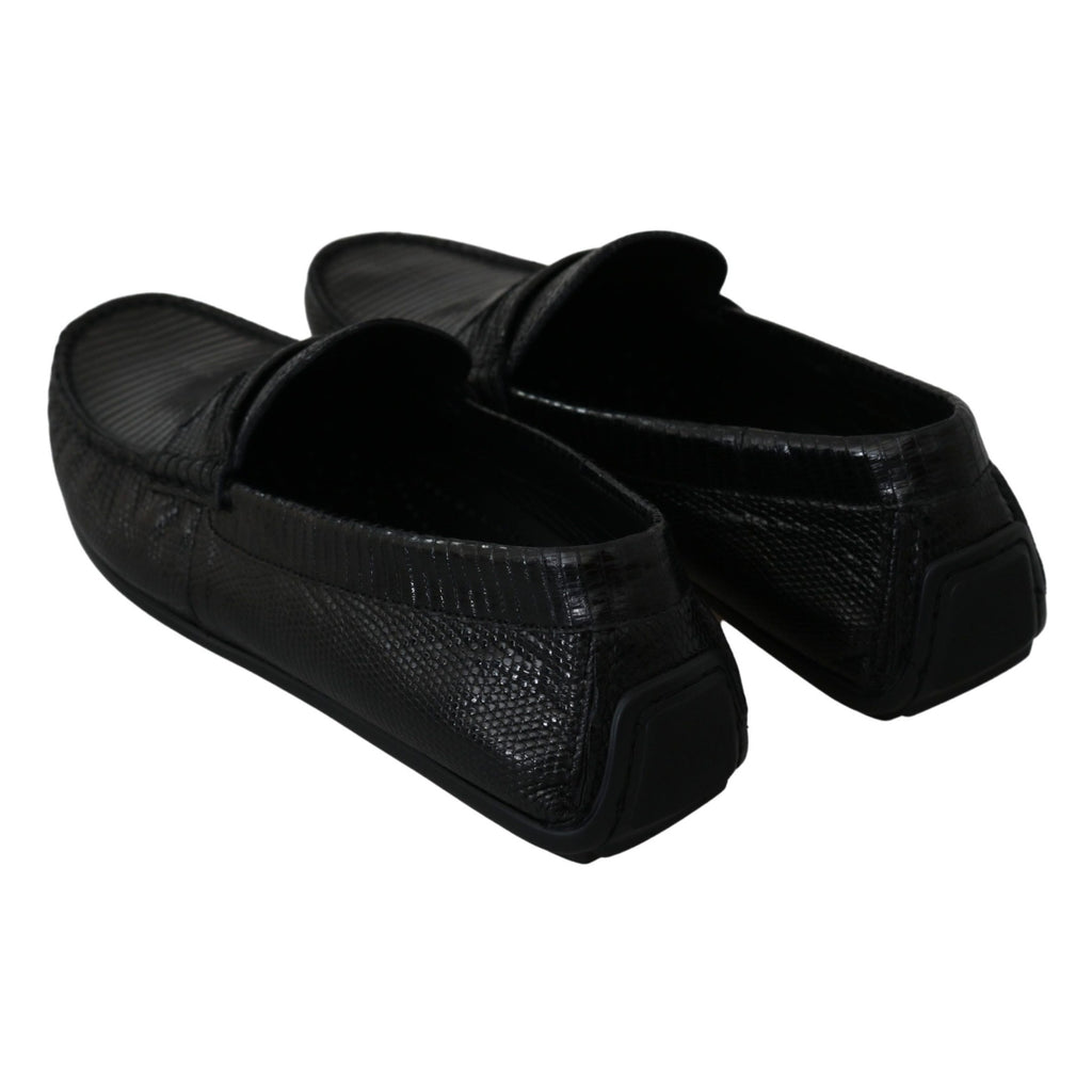 Dolce & Gabbana Black Lizard Leather Flat Loafers Shoes
