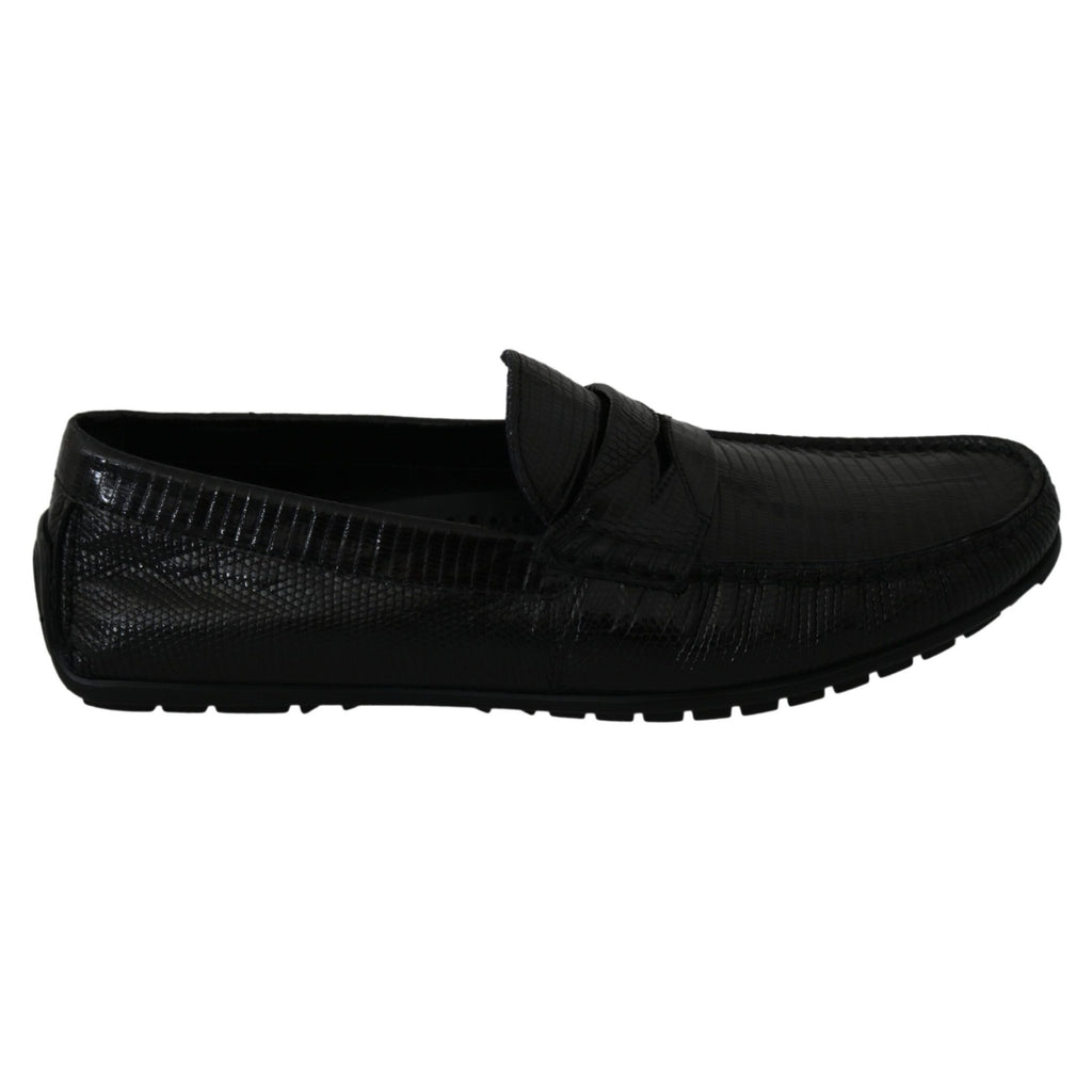 Dolce & Gabbana Black Lizard Leather Flat Loafers Shoes