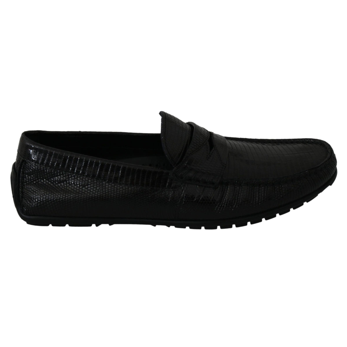 Dolce & Gabbana Black Lizard Leather Flat Loafers Shoes