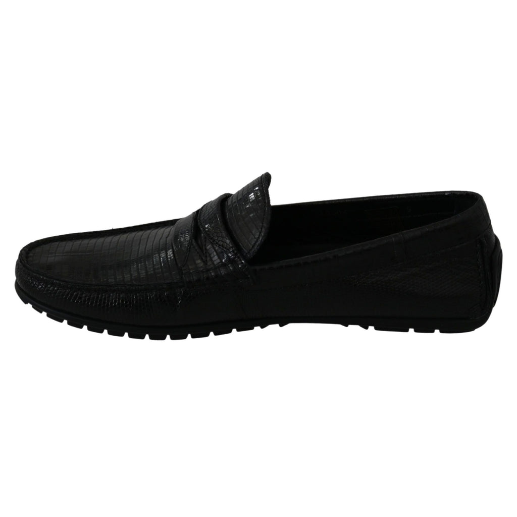 Dolce & Gabbana Black Lizard Leather Flat Loafers Shoes