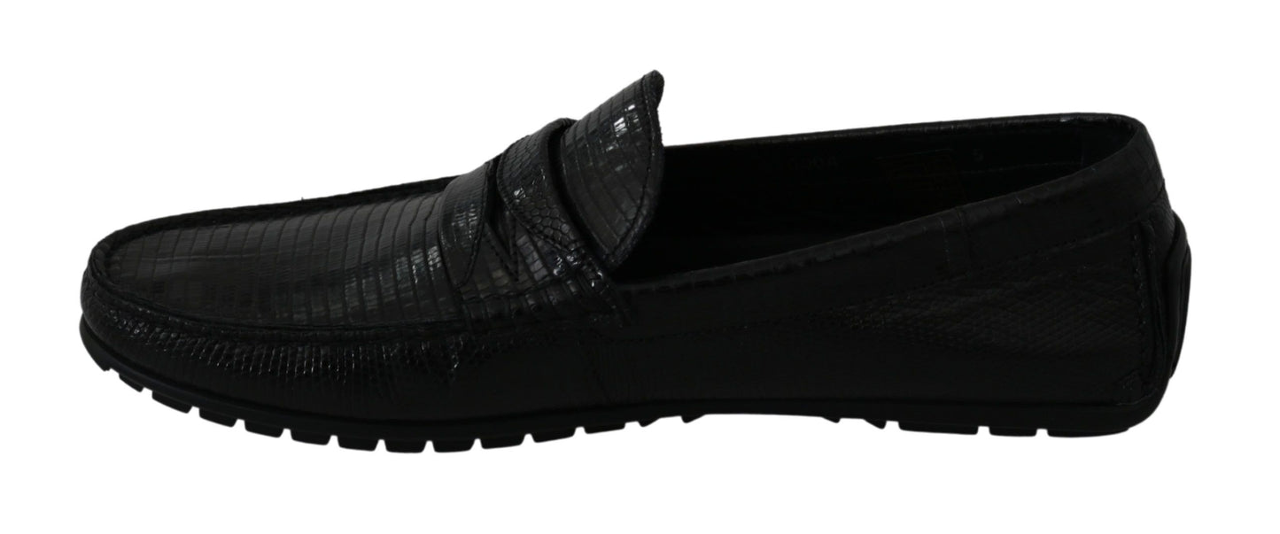 Dolce & Gabbana Black Lizard Leather Flat Loafers Shoes Dolce & Gabbana