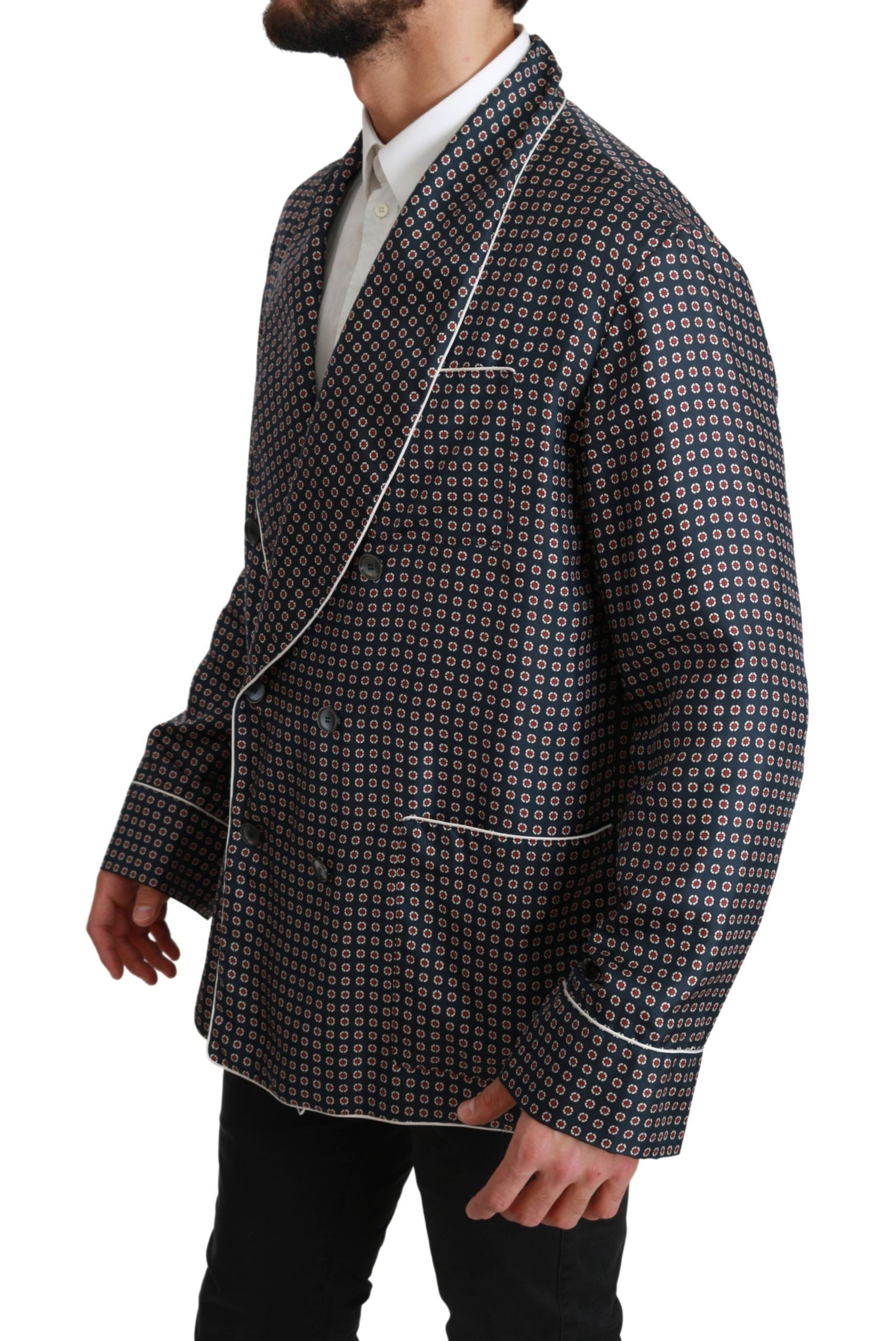 Dolce & Gabbana Navy Blue Patterned Double Breasted Coat Jacket Dolce & Gabbana