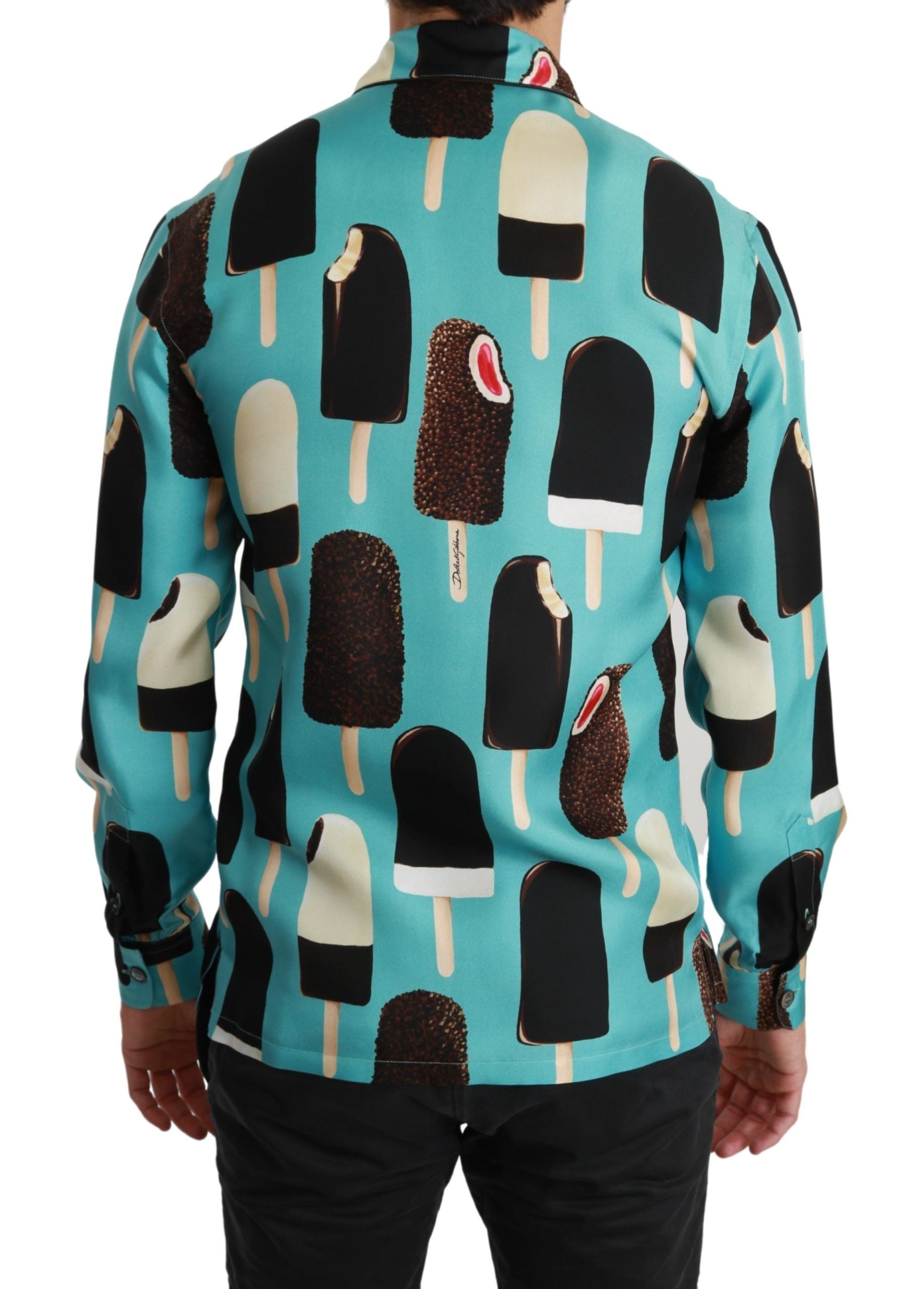 Dolce & Gabbana Blue Silk Ice Cream Print Casual Shirt Dolce & Gabbana