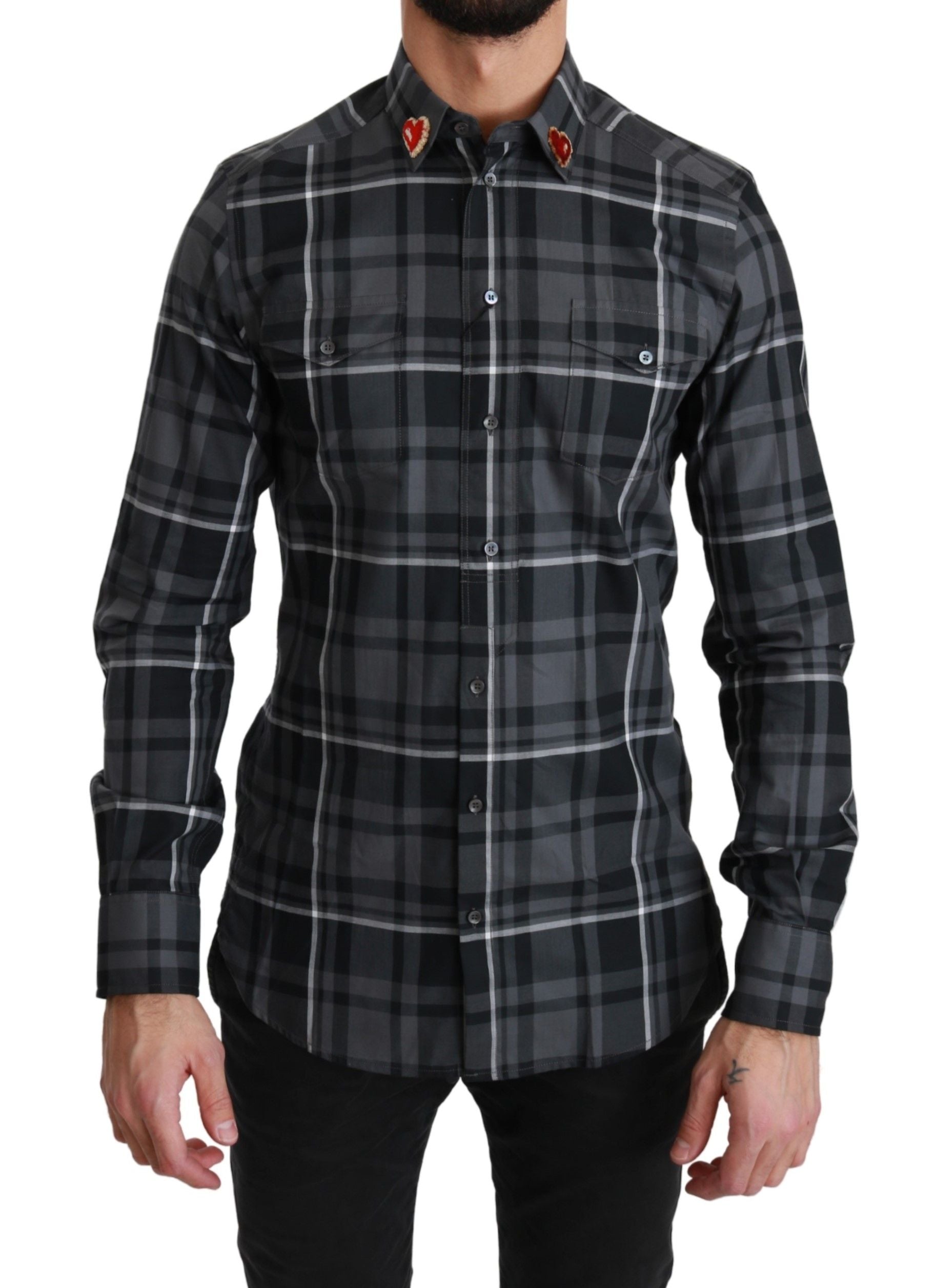 Dolce & Gabbana Gray Checkered Heart Collar MARTINI Shirt Dolce & Gabbana