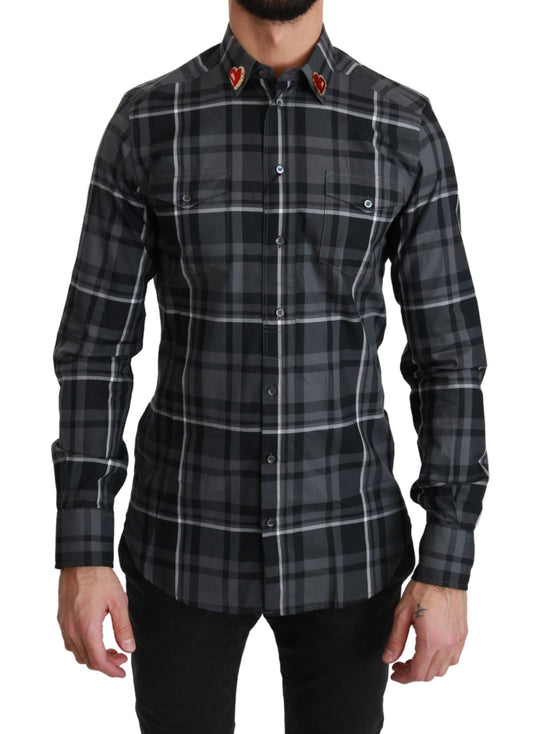 Dolce & Gabbana Gray Checkered Heart Collar MARTINI Shirt Dolce & Gabbana