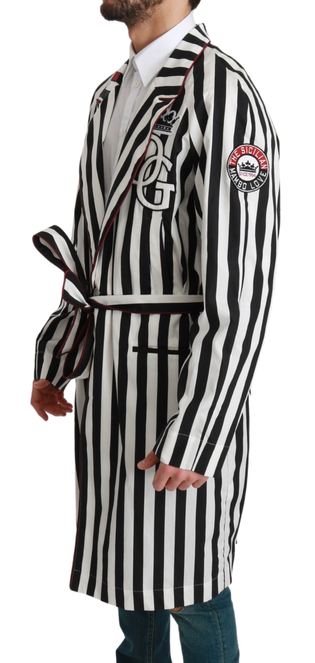 Dolce & Gabbana Black Coat Nightgown White Cotton Robe Dolce & Gabbana
