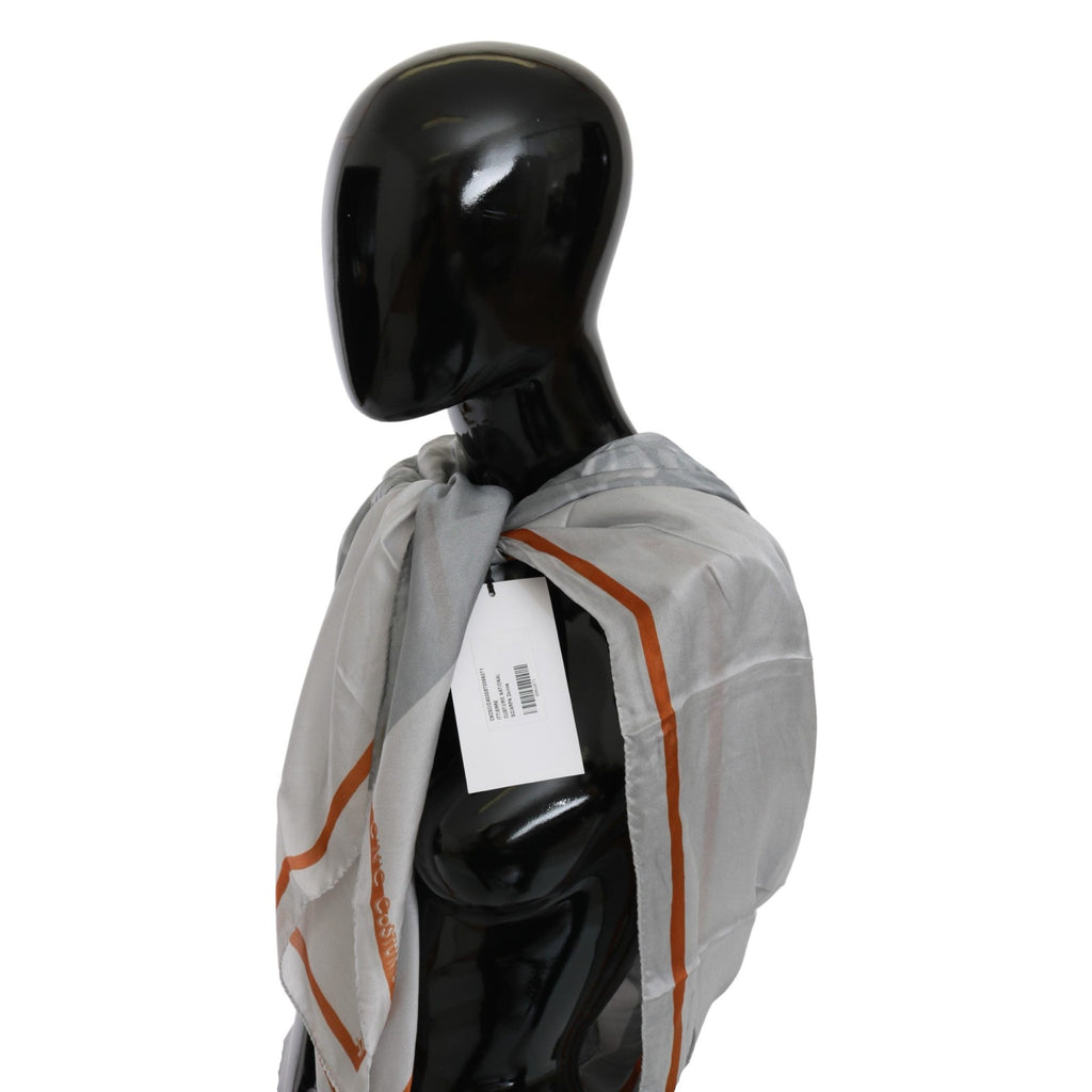 Costume National Gray Orange Silk Floral Foulard Wrap Scarf