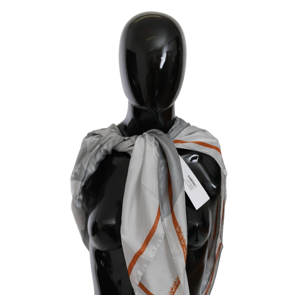 Costume National Gray Orange Silk Floral Foulard Wrap Scarf