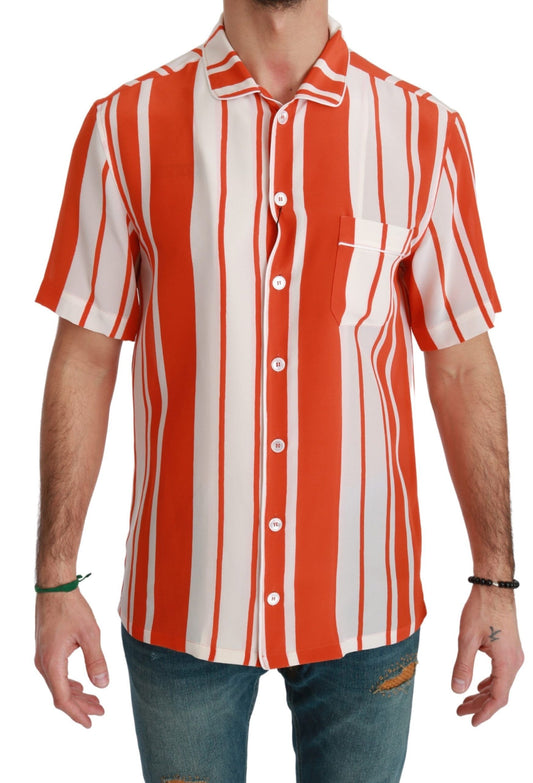 Dolce & Gabbana Orange Silk Striped Short Sleeve White Shirt Dolce & Gabbana