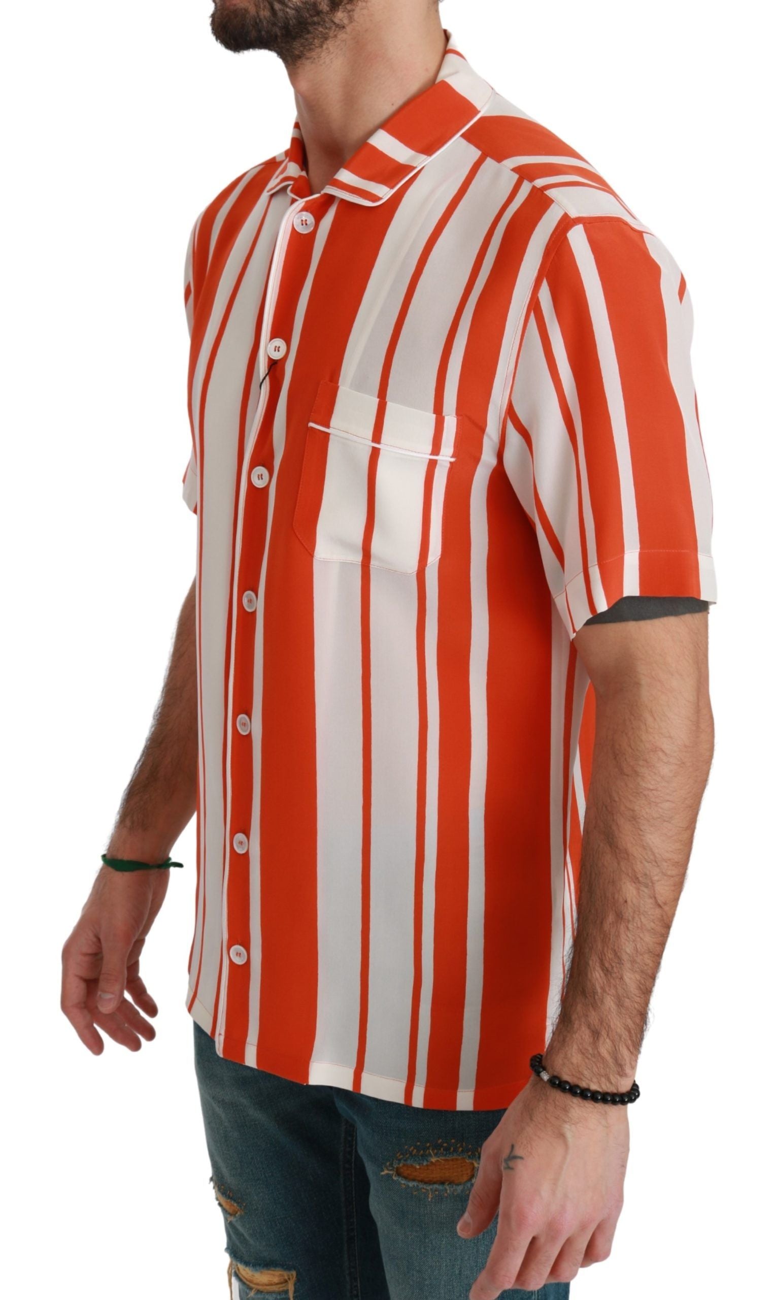 Dolce & Gabbana Orange Silk Striped Short Sleeve White Shirt Dolce & Gabbana