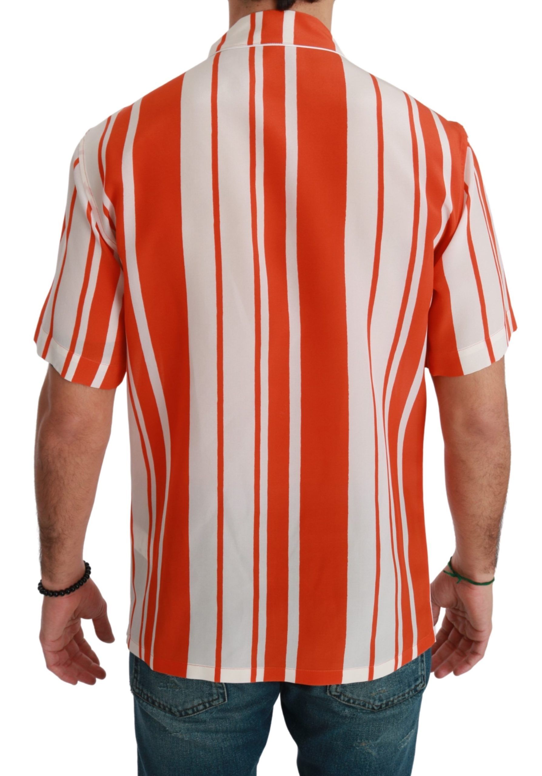 Dolce & Gabbana Orange Silk Striped Short Sleeve White Shirt Dolce & Gabbana