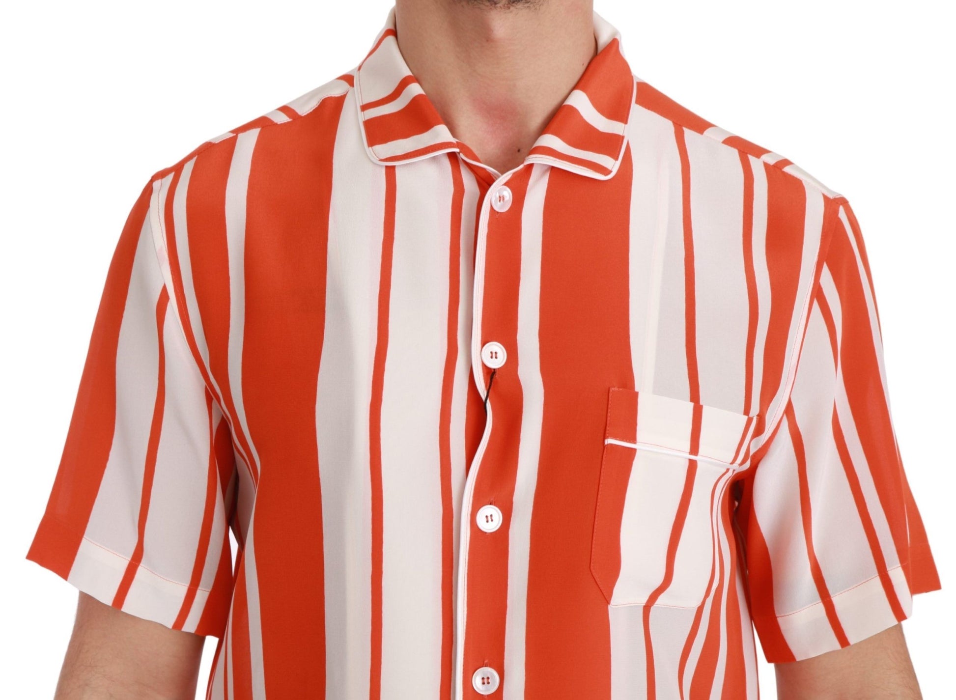 Dolce & Gabbana Orange Silk Striped Short Sleeve White Shirt Dolce & Gabbana