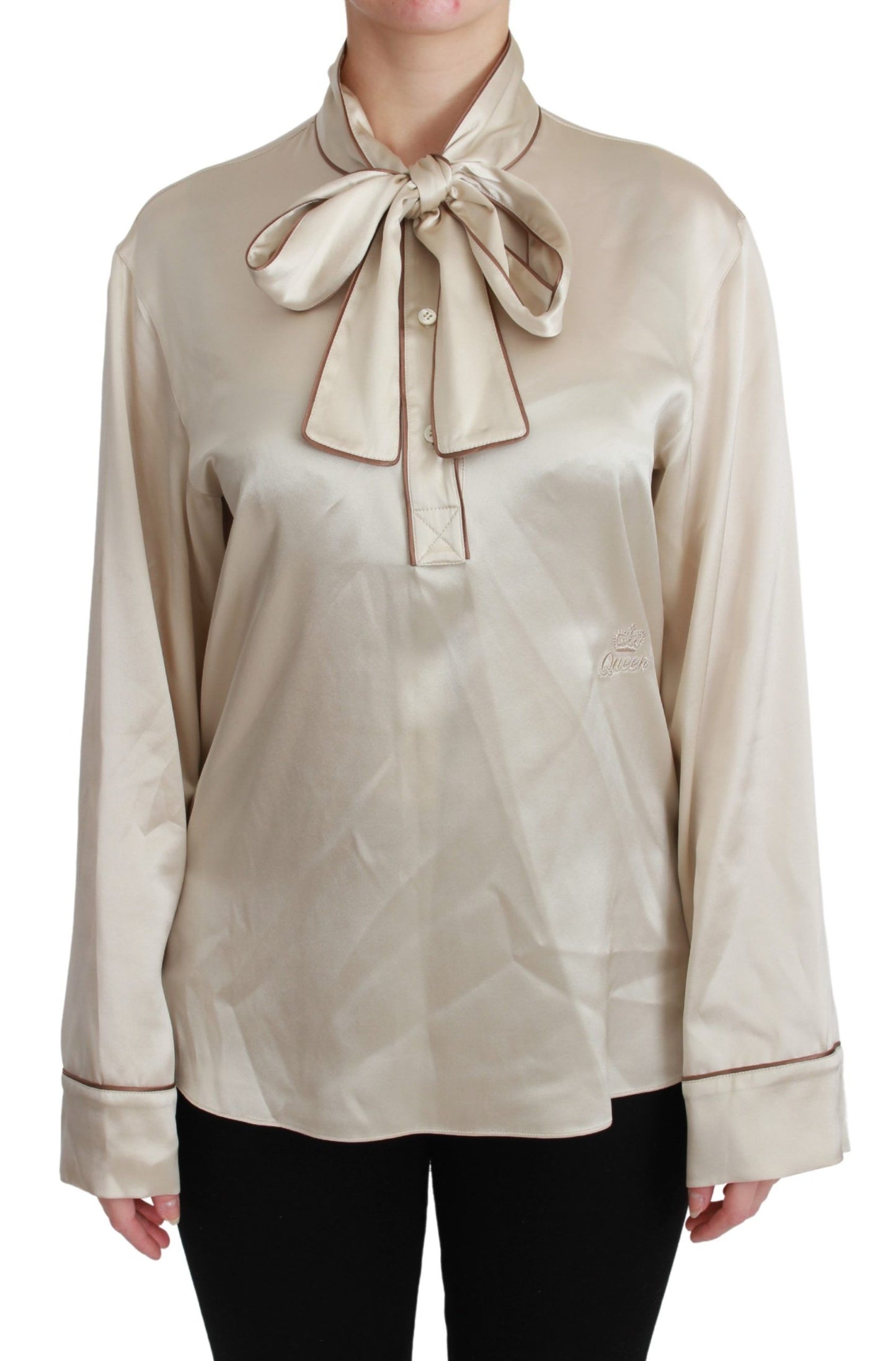 Dolce & Gabbana Beige Sleeve Top Queen Silk Satin Blouse Dolce & Gabbana