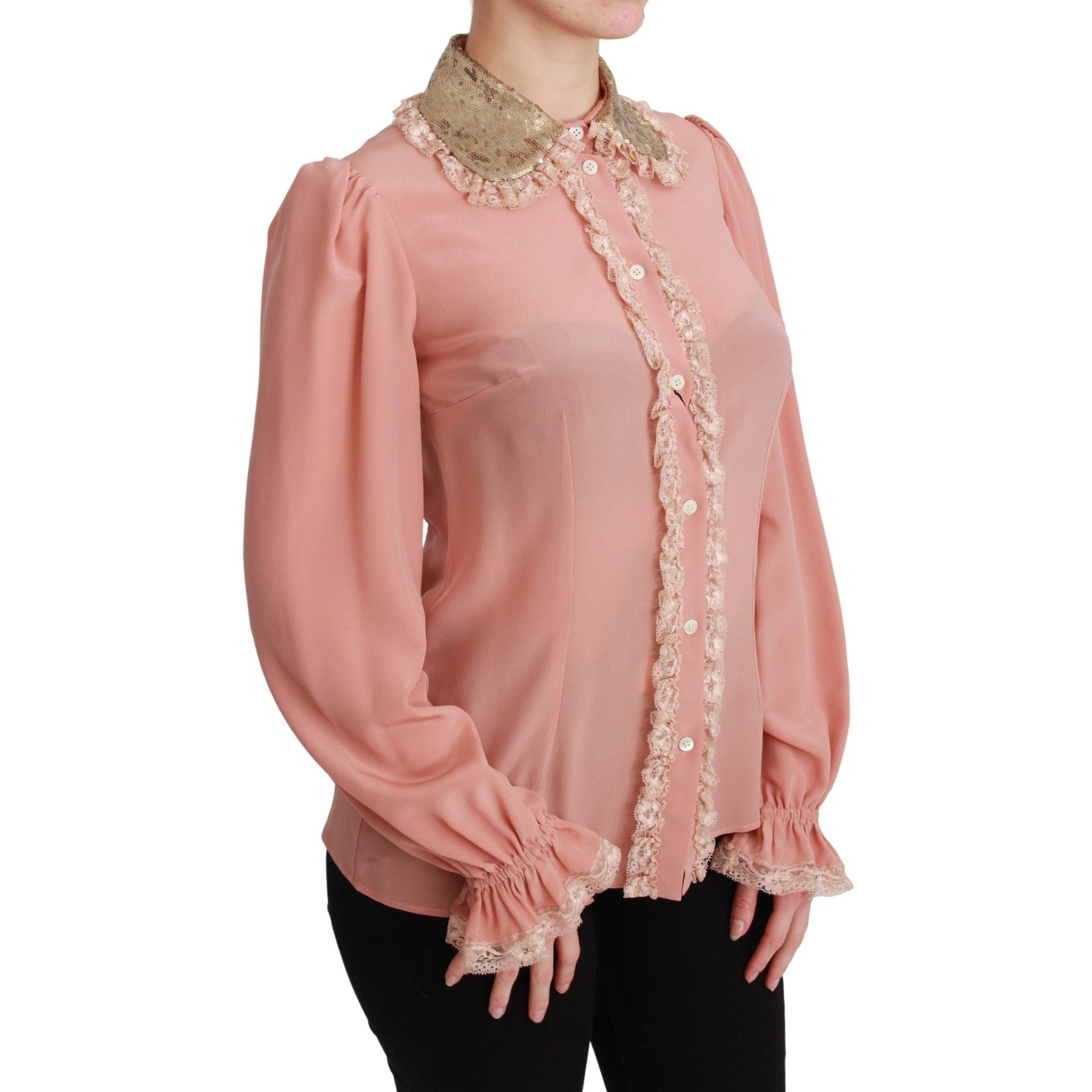 Dolce & Gabbana Pink Silk Gold Sequin Lace Blouse Shirt