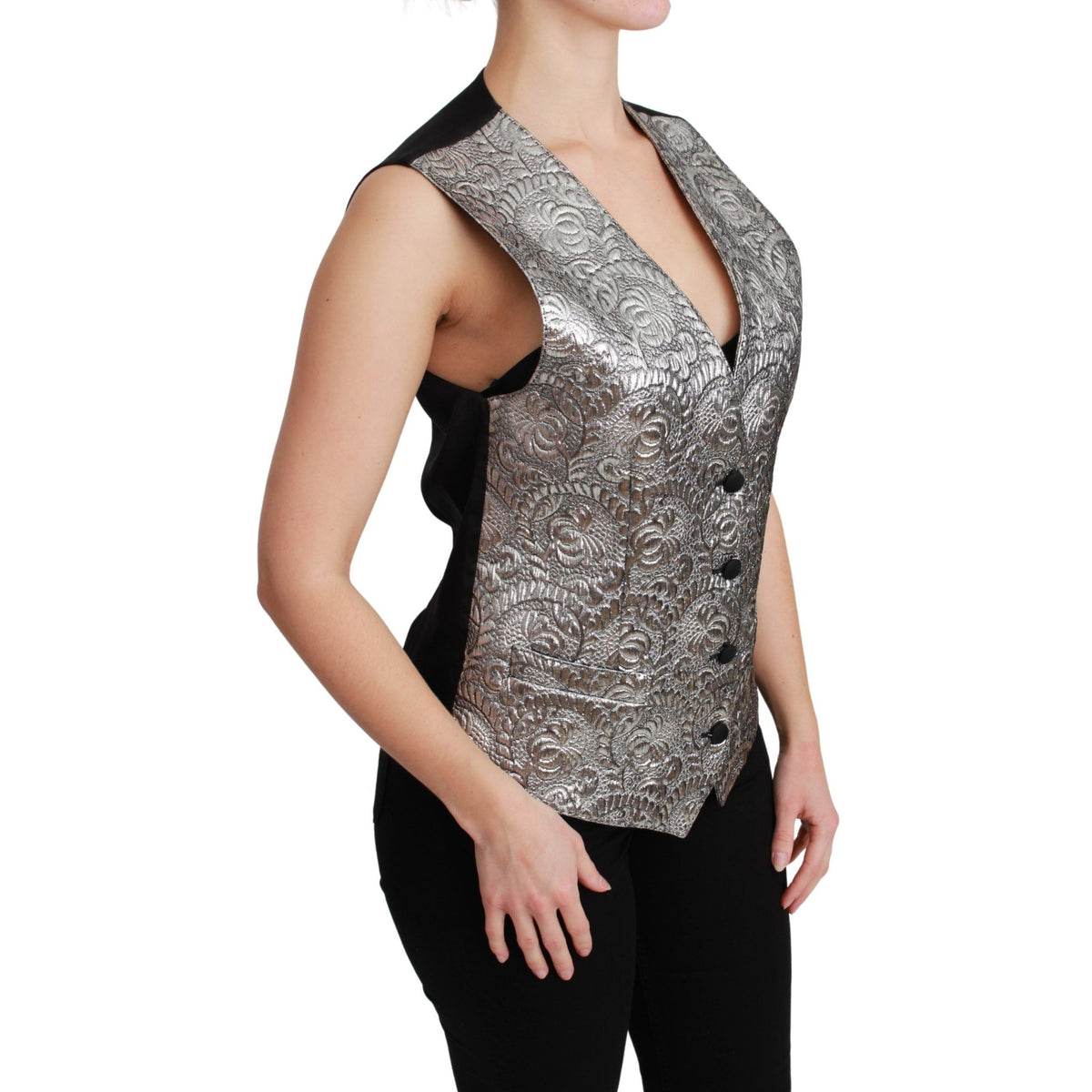 Dolce & Gabbana Silver Brocade Sleeveless Metallic Top