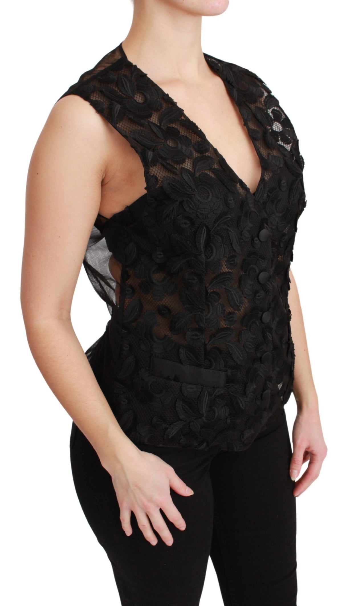 Dolce & Gabbana black floral brocade top gilet waistcoat with intricate floral pattern and tailored fit.